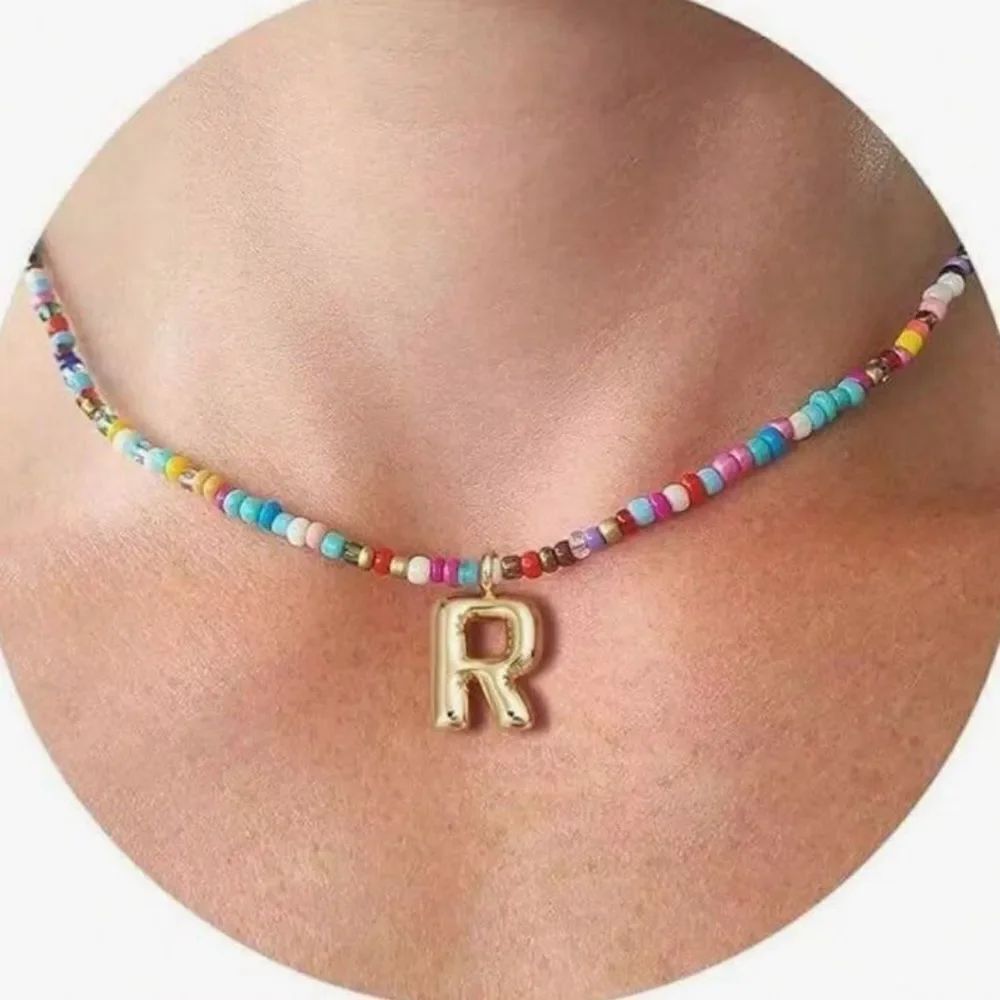 Colorful Beaded Necklace with Gold Initial Pendant S1171